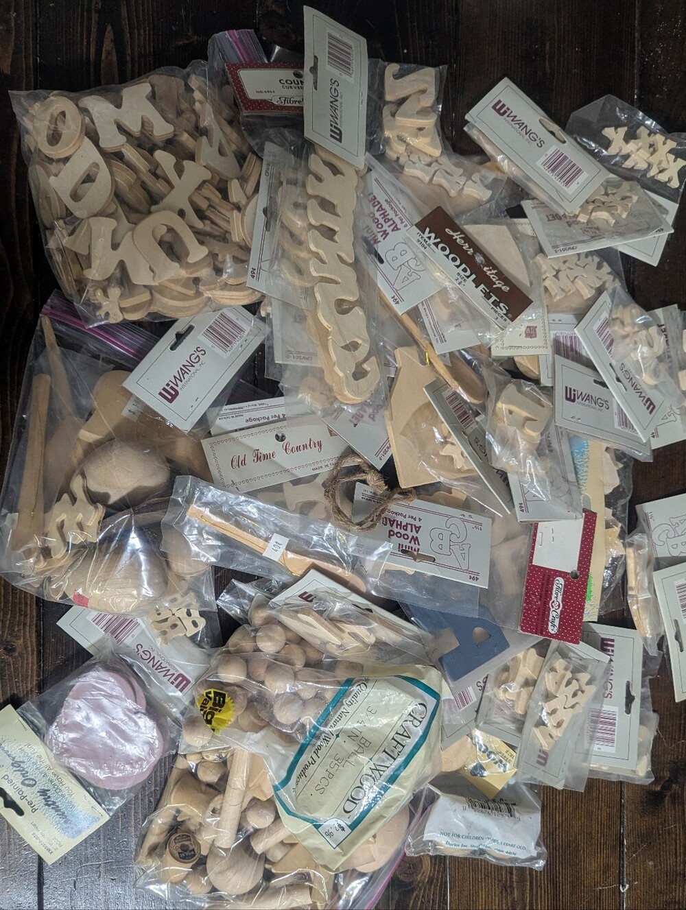 Bulk Assorted Unfinished Wood Craft Shapes - Letters, Beads & Shapes Vtg Small